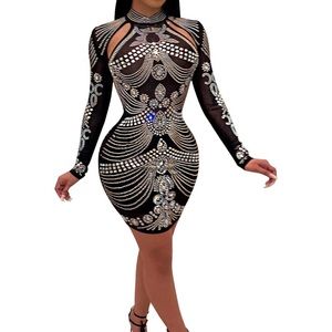 Women's Sexy Rhinestone Long Sleeve Club Party Clubwear Sparkly Evening Dress